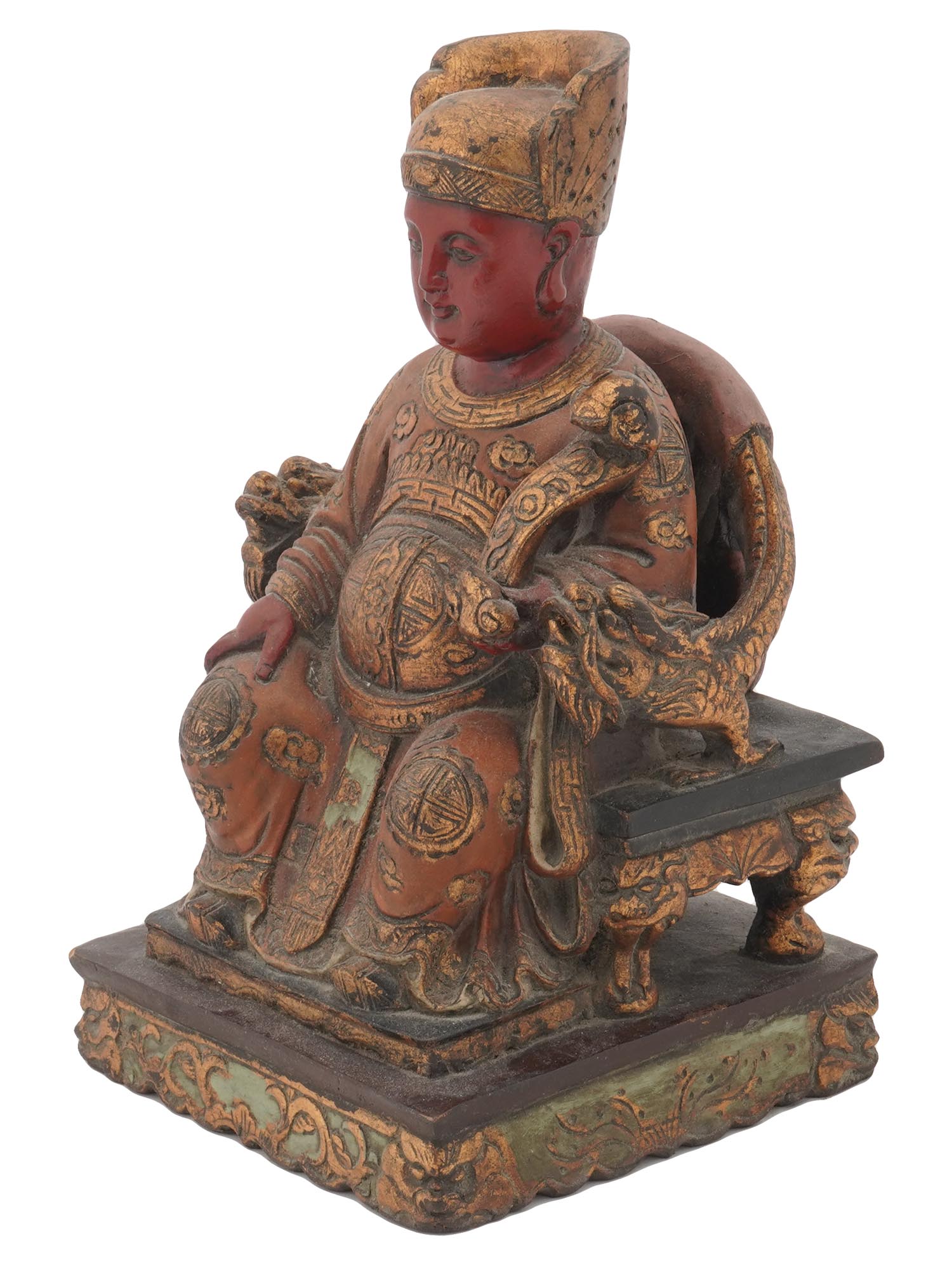 ANTIQUE CHINESE POLYCHROME WOOD FIGURE OF EMPEROR PIC-1